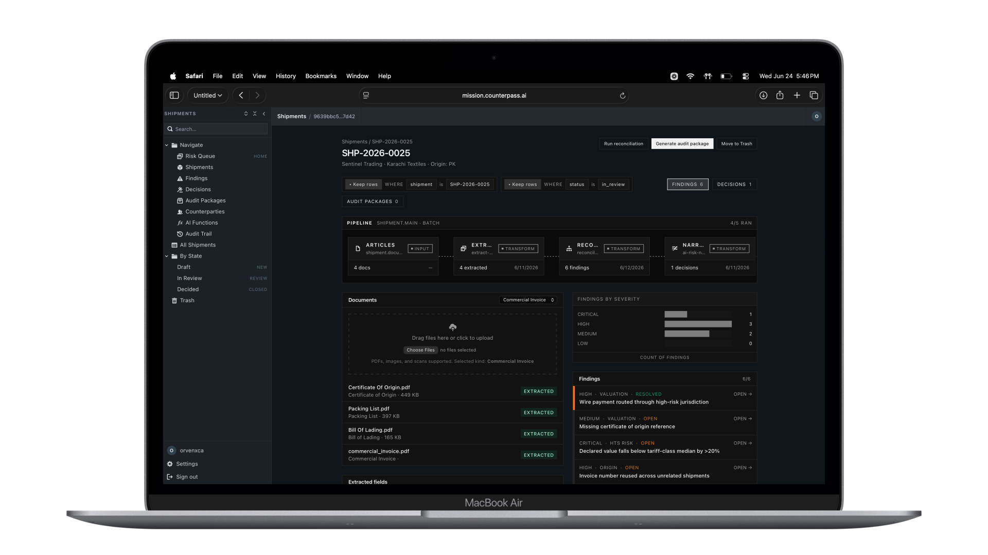 Counterpass shipment decision workspace on MacBook