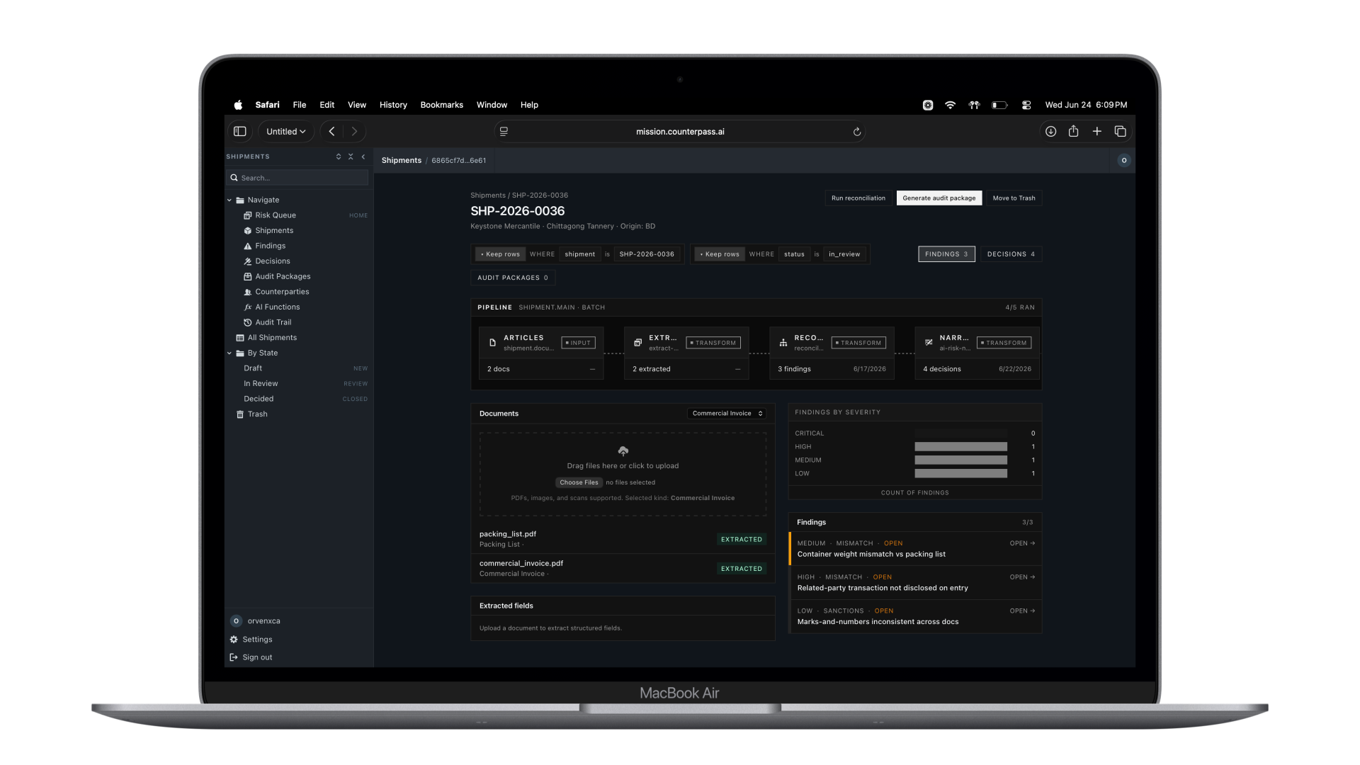 Counterpass shipment decision workspace